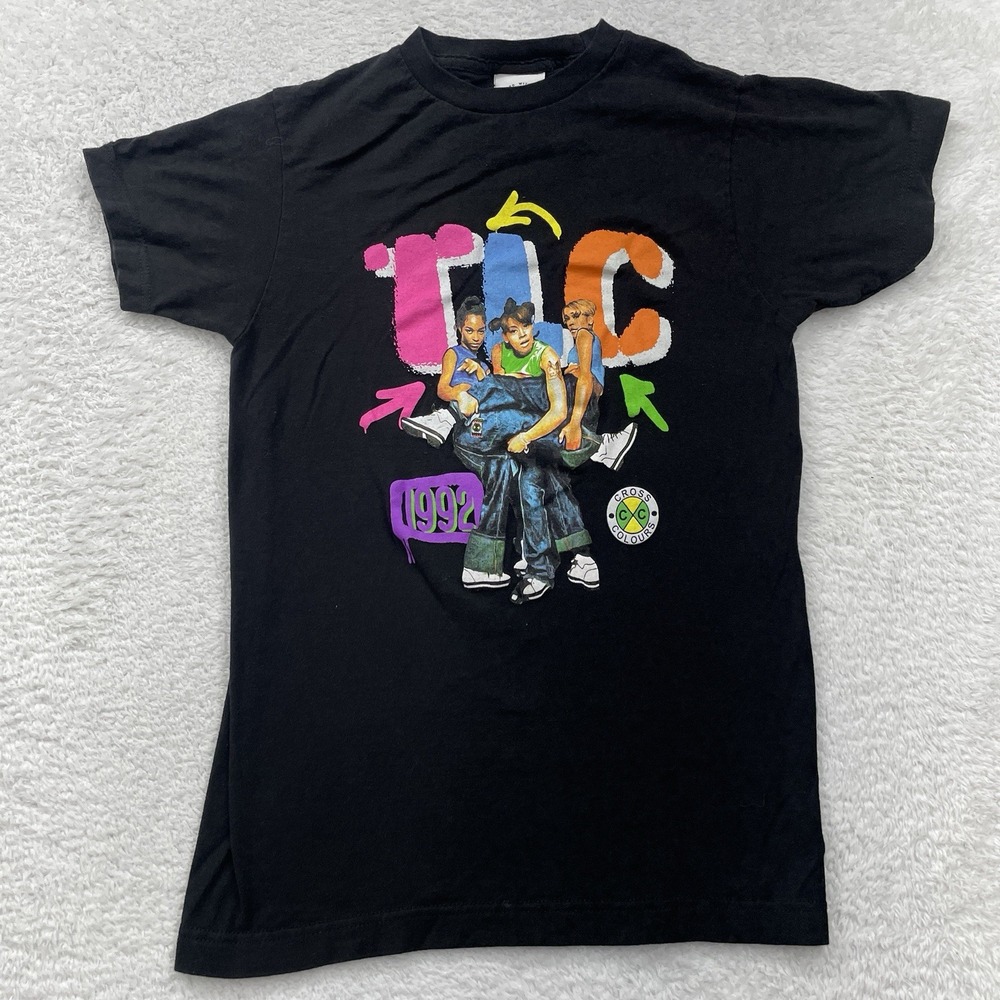 Vintage TLC 1992 Cross‎ Colours Black Graphic Shirt Hip Hop Band 90s Sz XS